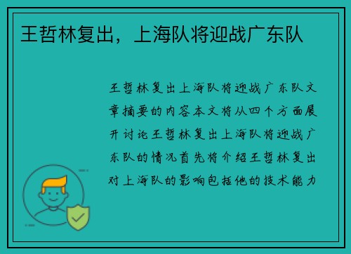 王哲林复出，上海队将迎战广东队